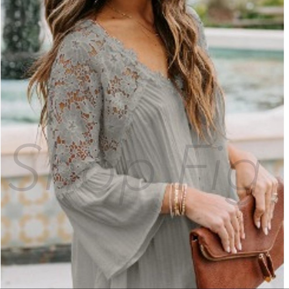 New Boho Grey Lace Festival Button Front Blouse Western Boutique Vintage